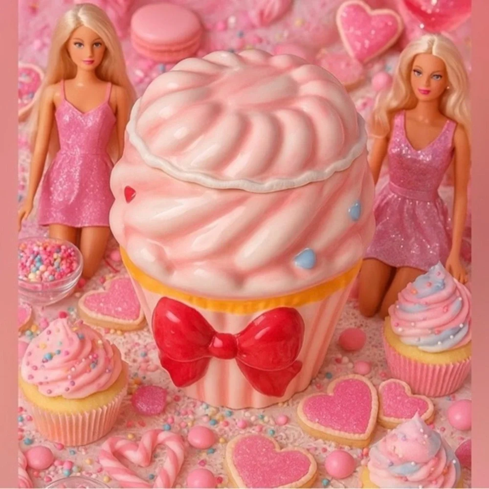 Pink Cupcake Ceramic Cookie Jar with Red Bow Coquette Kitchen Decor NWT
